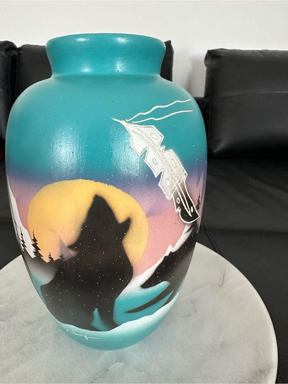 Native American Navajo HOZONI Pottery Vase Signed 10” Wolves Feathers Handmade